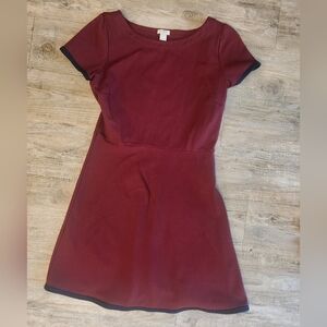 J. Crew Burgundy Short Sleeve Fit-and-Flare Dress with Black Trim